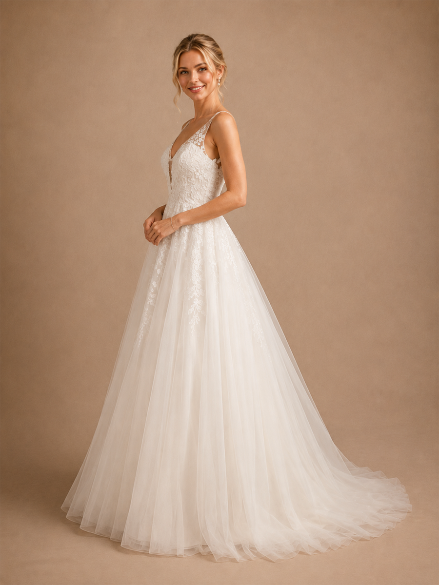 ChicSew Elegant Fancy Deep V-Neck A-Line Lace Tulle Maxi Long Wedding Dress