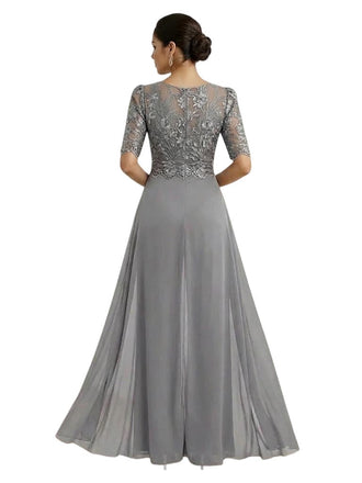 Elegant V-neck Chiffon And Lace Half Sleeves Jumpsuit For Mother Of The Bride