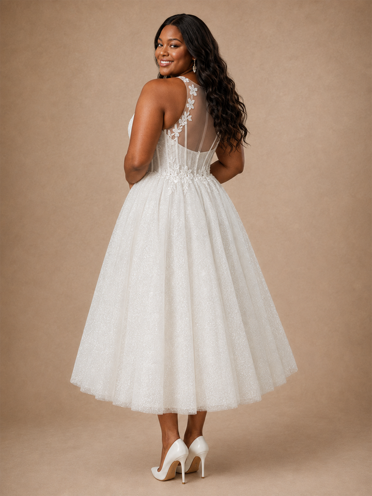 ChicSew Classy Halter Boning Glitter Tulle A-Line Ankle-Length Wedding Dress With Applique