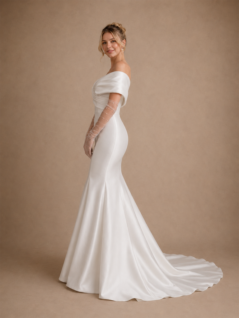 ChicSew Fancy Off The Shouder Ruching Mermaid Satin Floor-Length Wedding Dress