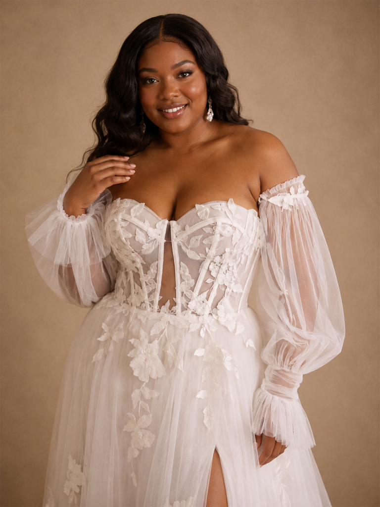 ChicSew Romantic Sweetheart Long Sleeves Side Slit Tulle A-Line Wedding Dress With Lace Appliques