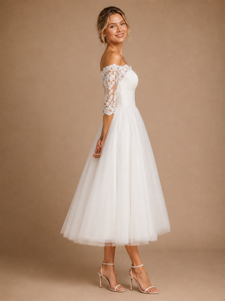 Chicsew Fancy Strapless Half Sleeves A-Line Tea-Length Lace Tulle Wedding Dress