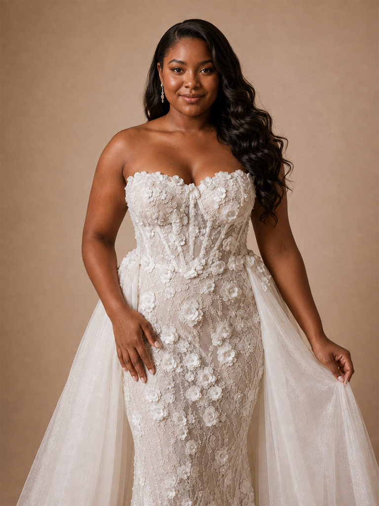 ChicSew Elegant Modern Sweetheart Mermaid Boning Lace Tulle Maxi Wedding Dress With Overskirt