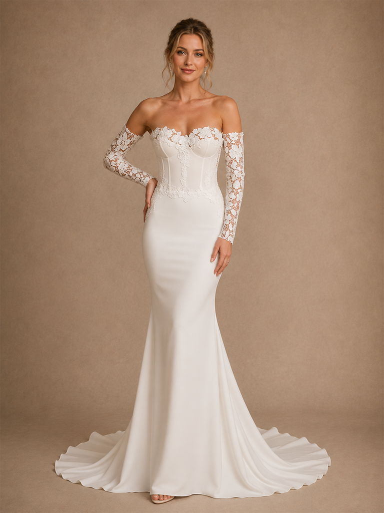 ChicSew Elegant Crepe Sweetheart Mermaid Floor-Length Wedding Dress With Lace Applique Sleeves