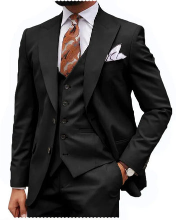 Black Classic 3 Piece Men's Suit with Regular Fit and Sophisticated Peak Lapel CN471