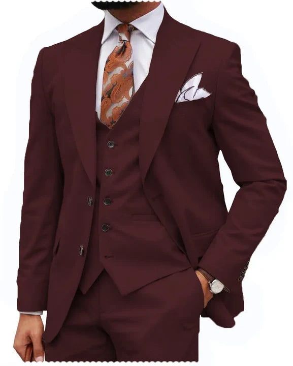 Burgundy Classic 3 Piece Men's Suit with Regular Fit and Sophisticated Peak Lapel CN475