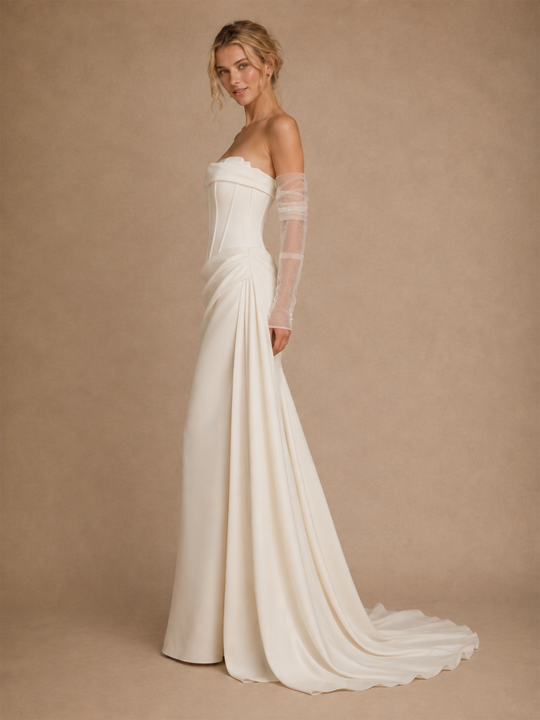 ChicSew Sexy Strapless Ruching Satin Mermaid Floor-Length Wedding Dress With Boning