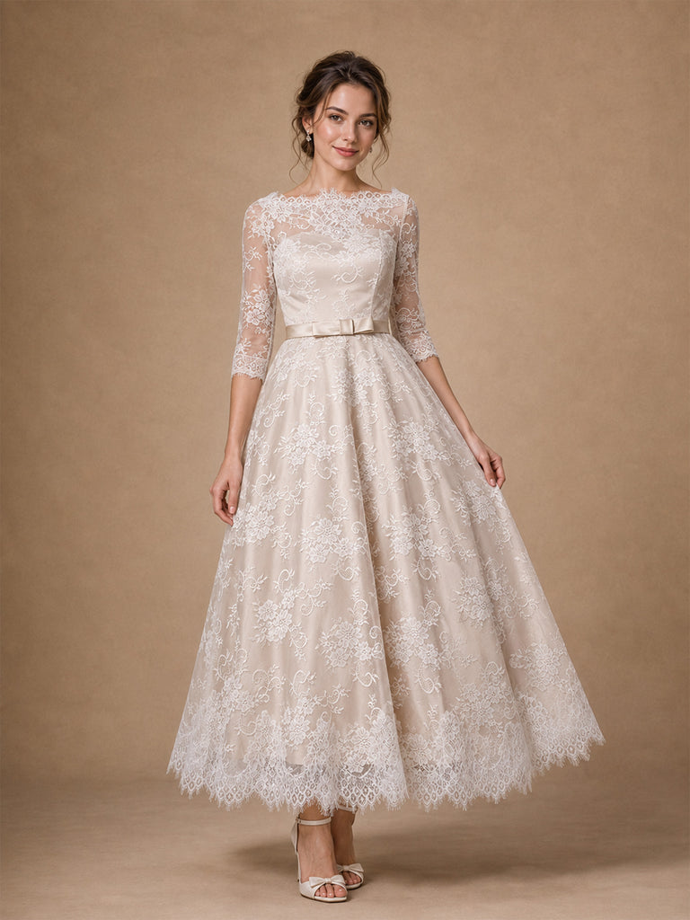 ChicSew Elegant Sabrina 3/4 Sleeves Lace A-Line Tea-Length Wedding Dresses