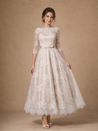 ChicSew Elegant Sabrina 3/4 Sleeves Lace A-Line Tea-Length Wedding Dresses