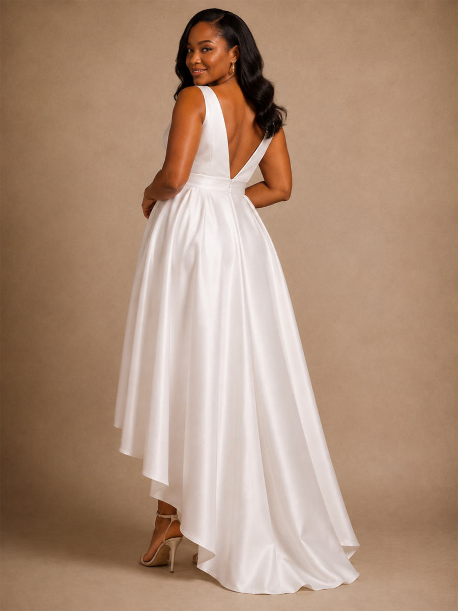 ChicSew Elegant V-Neck Sleeveless A-Line Satin High-Low Wedding Dress