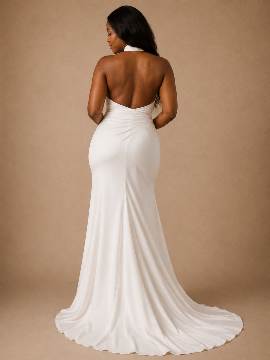 ChicSew Elegant Crepe Halter Mermaid Side Slit Ruched Floor-Length Wedding Dress