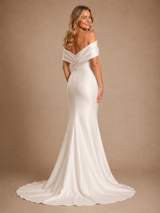 ChicSew Fancy Off The Shoulder V-Neck Ruching Mermaid Satin Long Wedding Dress