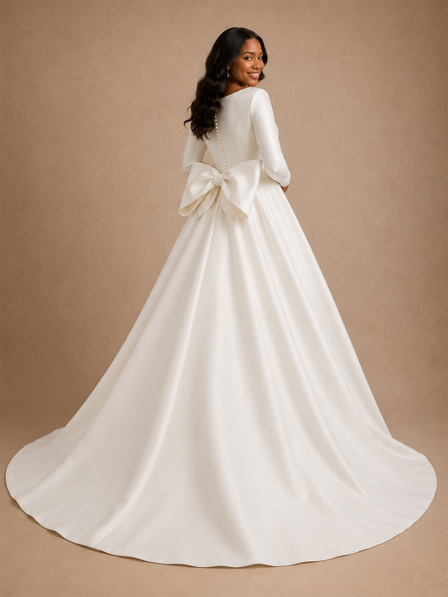 ChicSew Modern Classy A-Line Satin Long Sleeves Floor-Length Wedding Dress With Bow Knot