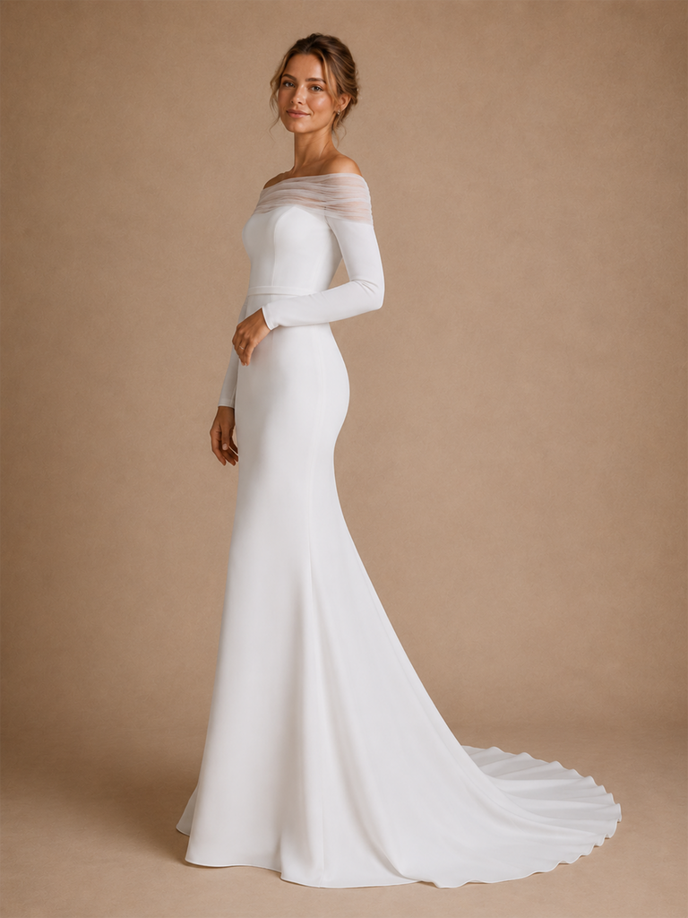 ChicSew Elegant Fancy Crepe Tulle Long Sleeves Mermaid Floor-Length Wedding Dress