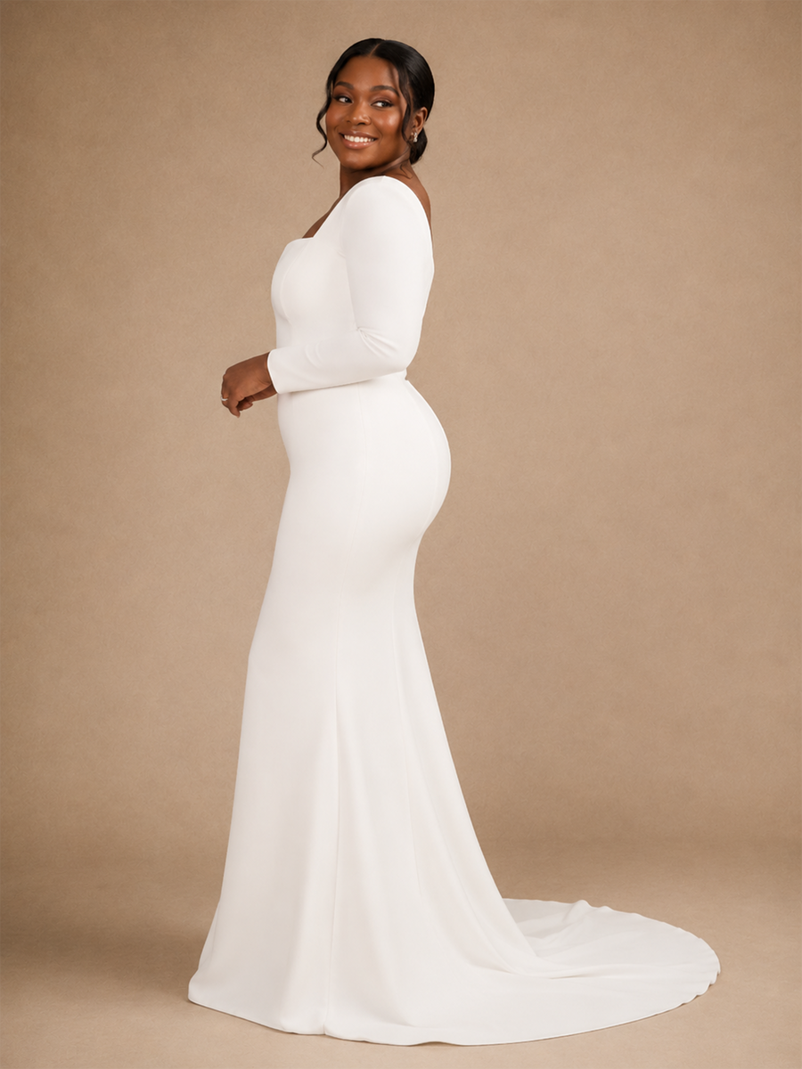 ChicSew Elegant Square Neck Long Sleeves Mermaid Crepe Floor-Length Wedding Dress