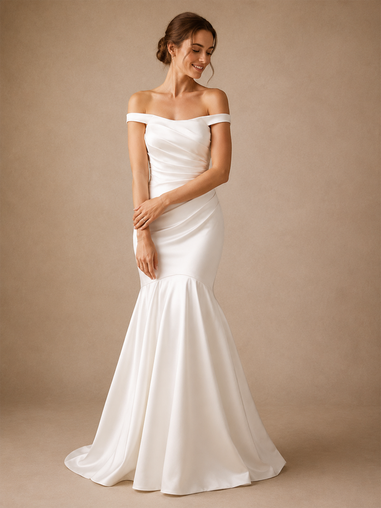 ChicSew Unique Ruched Off The Shoulder Satin Mermaid Floor-Length Wedding Dress