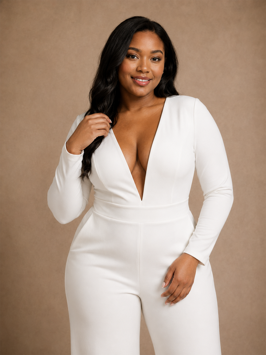 ChicSew Modern Sexy V-Neck Crepe Long Sleeves Floor-Length Wedding Jumpsuit