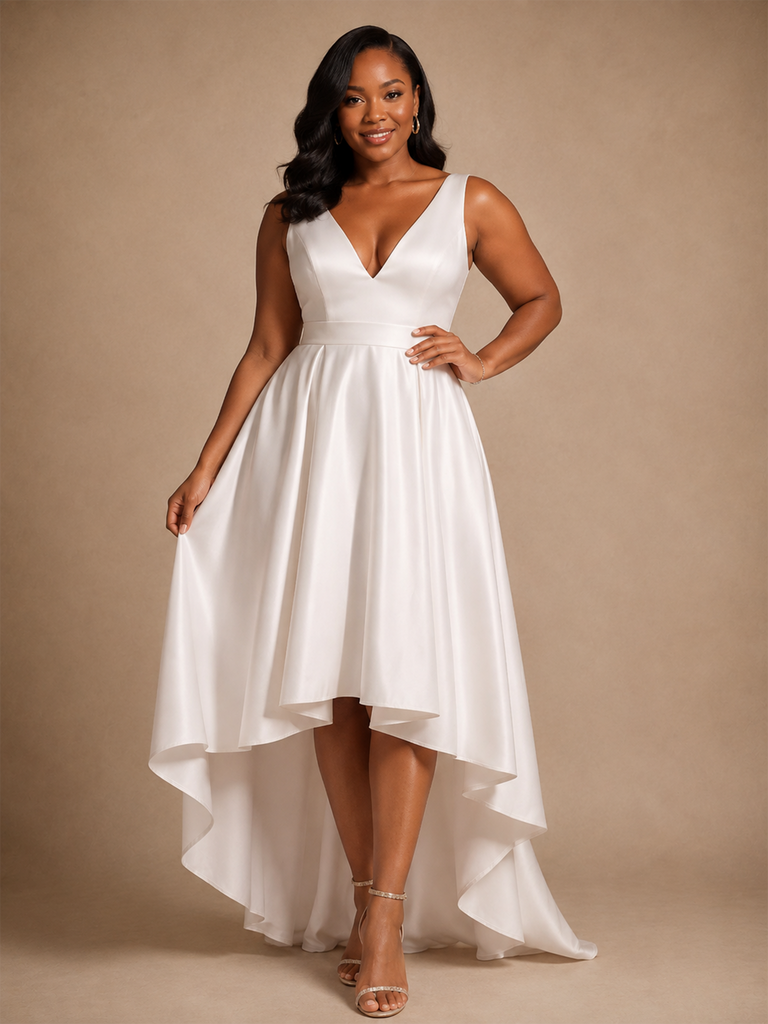 ChicSew Elegant V-Neck Sleeveless A-Line Satin High-Low Wedding Dress