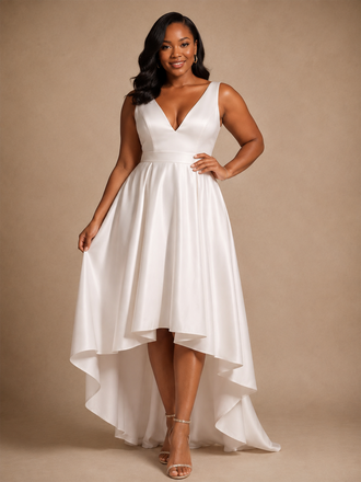 ChicSew Elegant V-Neck Sleeveless A-Line Satin High-Low Wedding Dress