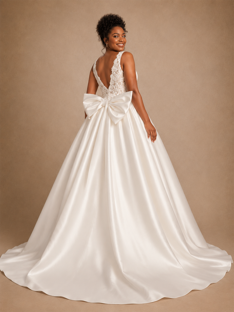 ChicSew Fancy Modern V-Neck A-Line Satin Floor-Length Wedding Dress With Applique