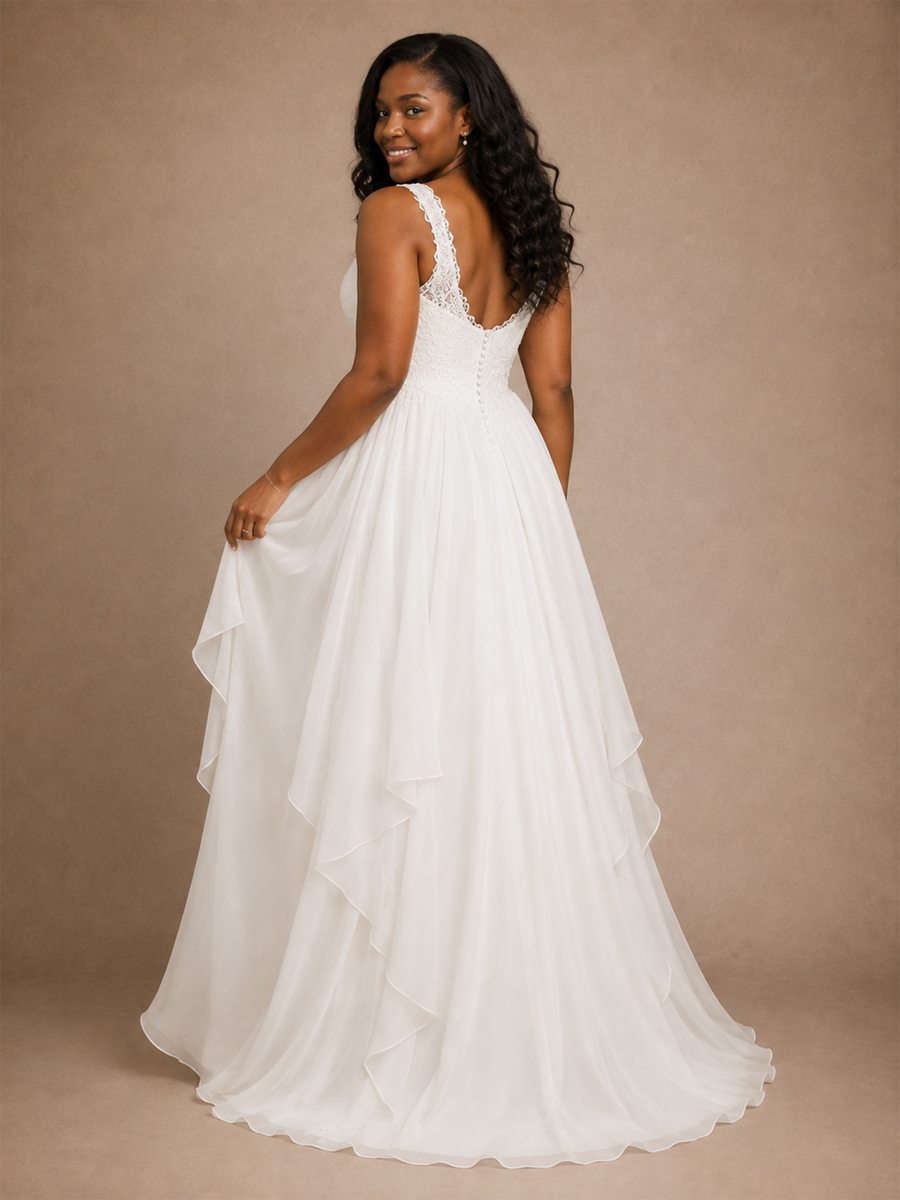 ChicSew Elegant V-Neck Chiffon Sleeveless Ruffled A-Line Maxi Wedding Dress With Applique