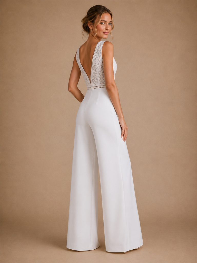 ChicSew Sexy Spaghetti Straps V-Neck Sleeveless Crepe Long Wedding Jumpsuit