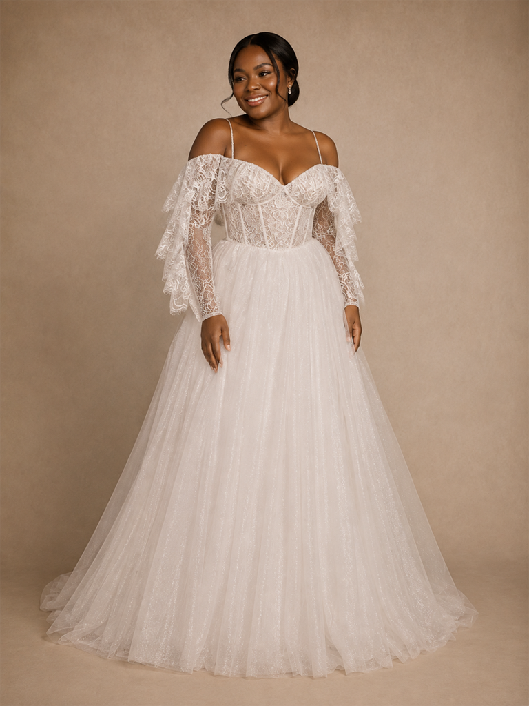 ChicSew Unique Spaghetti Straps Boning Lace Glitter Tulle Long A-Line Wedding Dress