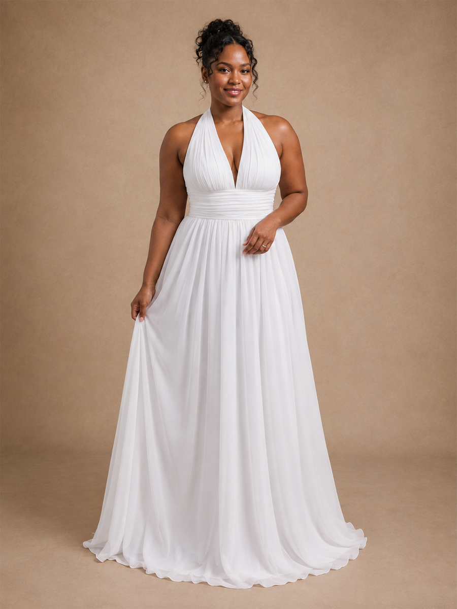 ChicSew Fancy Halter Sleeveless Pleats Chiffon A-Line Long Wedding Dress