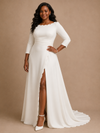 ChicSew Elegant Bateau 3/4 Sleeves A-Line Crepe Maxi Wedding Dress With Side Slit