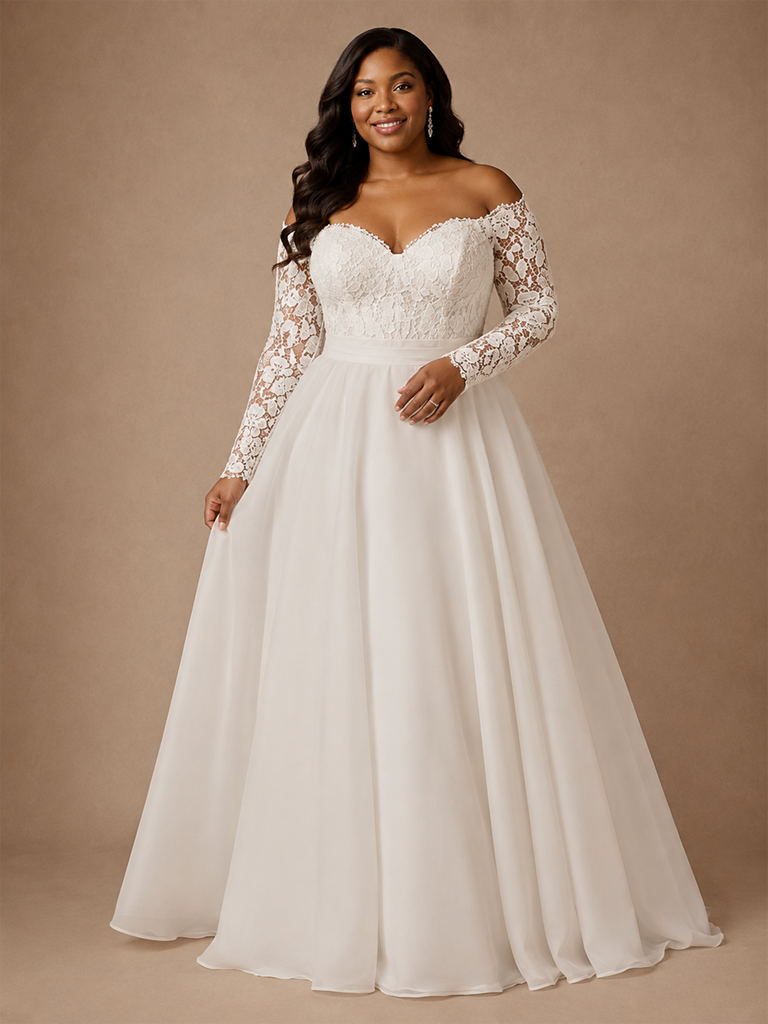 ChicSew Elegant Sweetheart Long Sleeves A-Line Lace Appliques Chiffon Maxi Wedding Dress