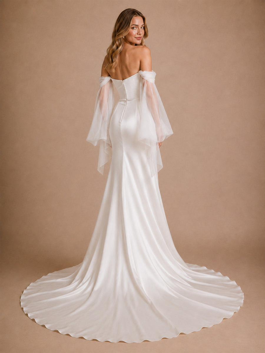 ChicSew Sexy Sweetheart Satin Ruched Mermaid Side Slit Floor-Length Wedding Dress With Tulle Sleeves