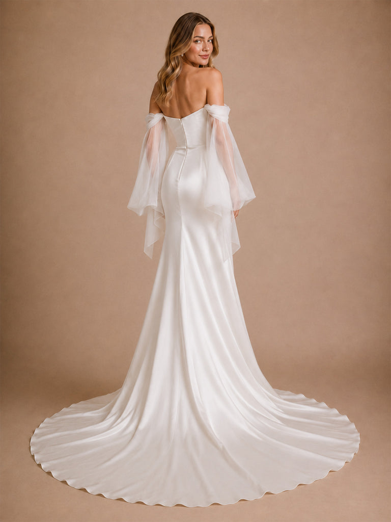 ChicSew Sexy Sweetheart Satin Ruched Mermaid Side Slit Floor-Length Wedding Dress With Tulle Sleeves