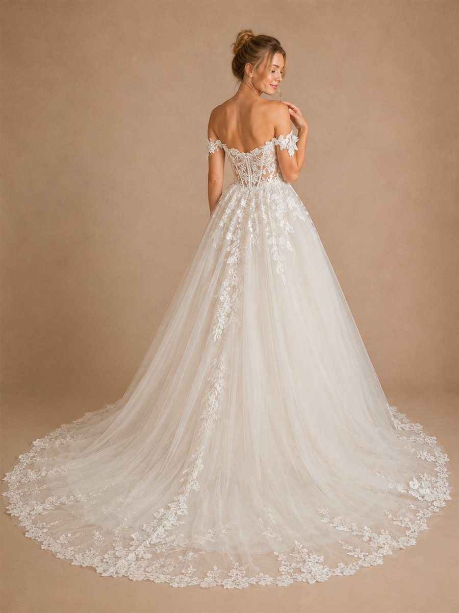 ChicSew Classy Off The Shoulder Sleeveless Lace Tulle A-Line Maxi Wedding Dress With Boning