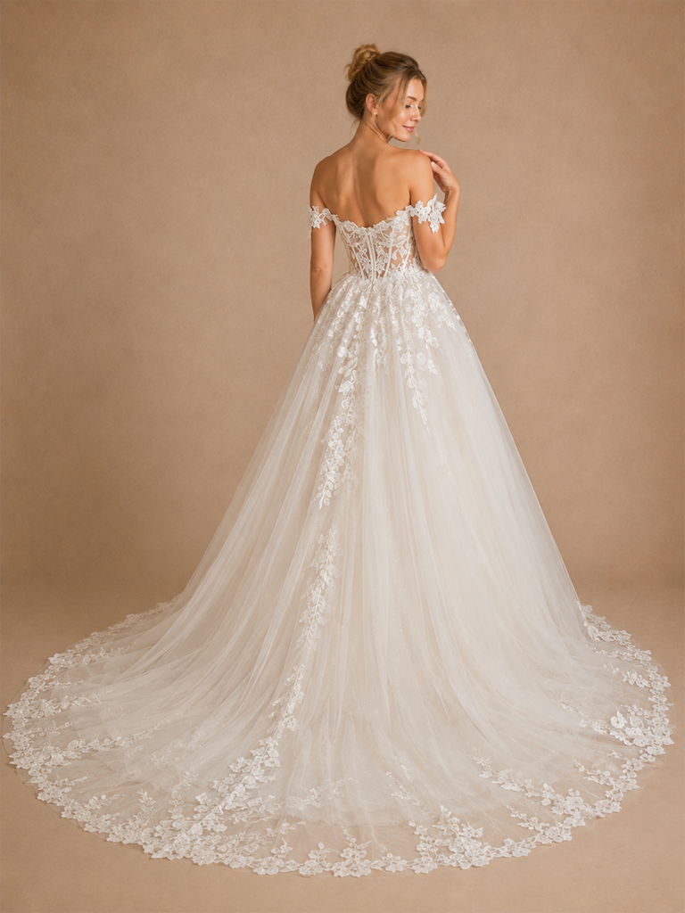 ChicSew Classy Off The Shoulder Sleeveless Lace Tulle A-Line Maxi Wedding Dress With Boning