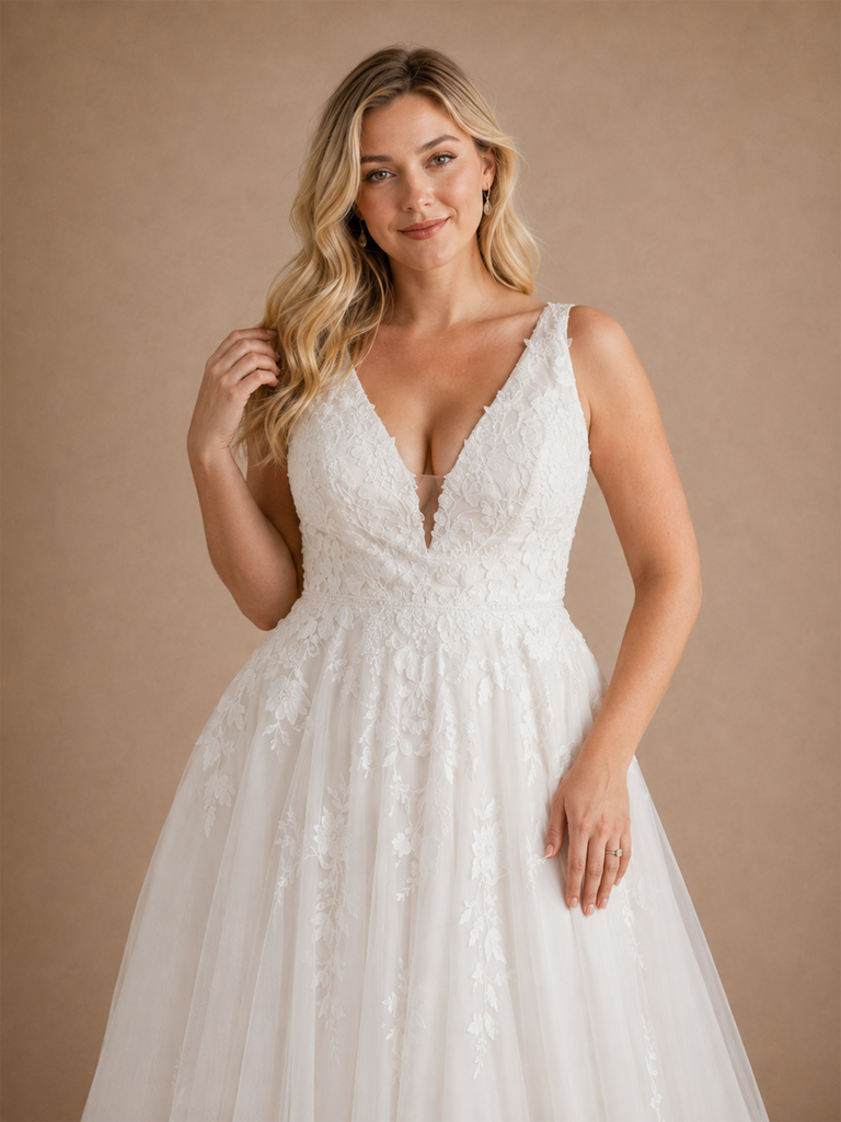 ChicSew Romantic V-Neck Spaghetti Straps Sleeveless Lace Tulle A-Line Maxi Wedding Dress