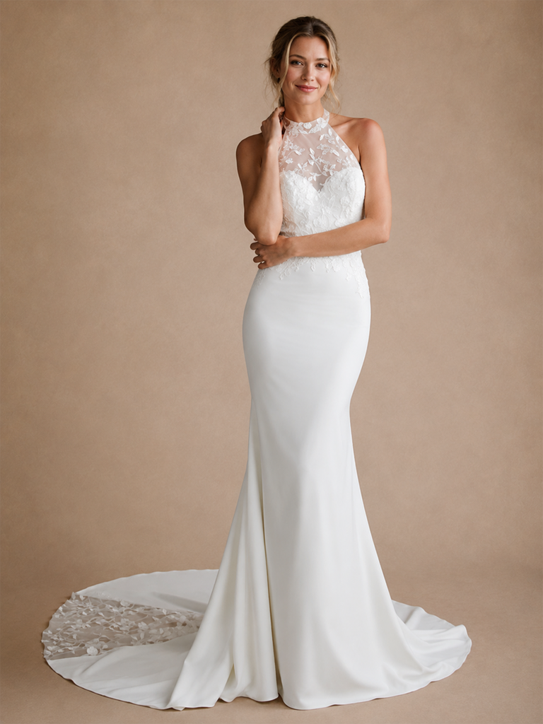 ChicSew Fancy Halter Sleeveless Mermaid Crepe Long Wedding Dress With Lace Appliques