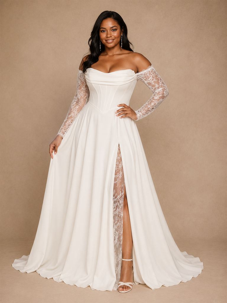 ChicSew Classy Sweetheart Chiffon Long Lace Sleeves Side Slit A-Line Floor-Length Wedding Dress