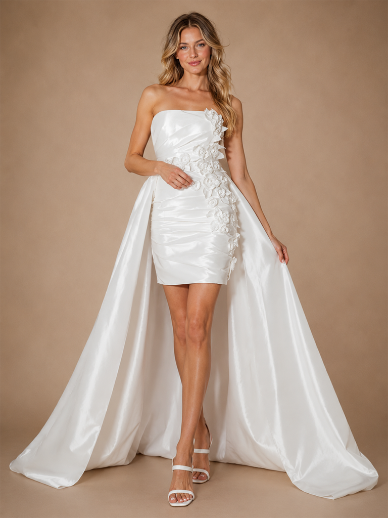 ChicSew Modern Unique Satin Strapless Sheath Ruched Floral Applique Mini-Length Wedding Dresses With Overskirt
