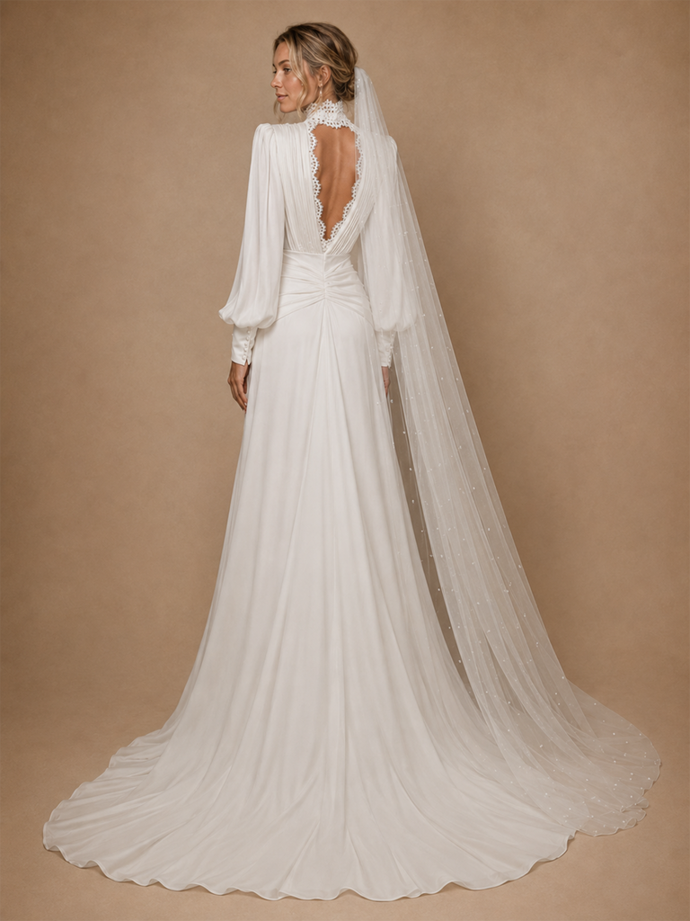 ChicSew Classy High Neck Long Sleeves Chiffon A-Line Maxi Wedding Dress
