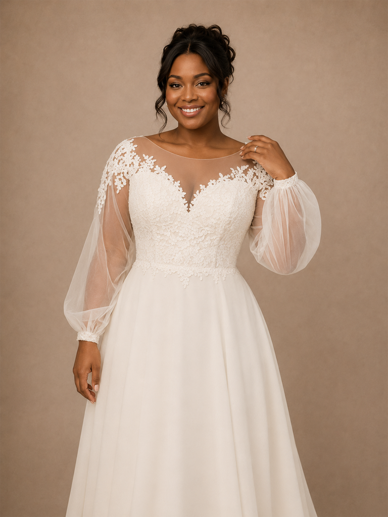 ChicSew Classy Illusion Lace Applique Chiffon Long Sleeves A-Line Floor-Length Wedding Dress
