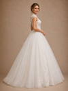 ChicSew Elegant High Neck Cap Sleeves Tulle Lace Appliques A-Line Maxi Wedding Dress