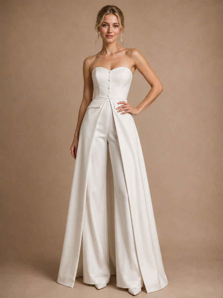 ChicSew Modern Unique Sweetheart Satin Floor-Length Wedding Jumpsuit With Overskirt