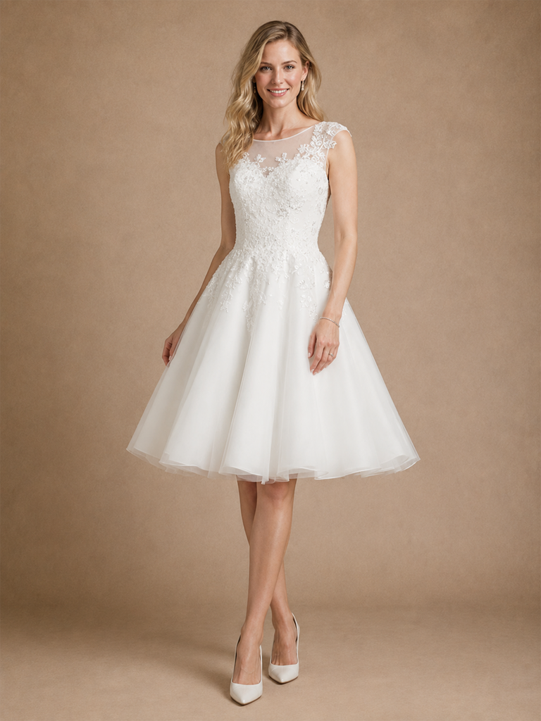 ChicSew Fancy Illusion Sleeveless Lace Tulle A-Line Knee-Length Wedding Dress