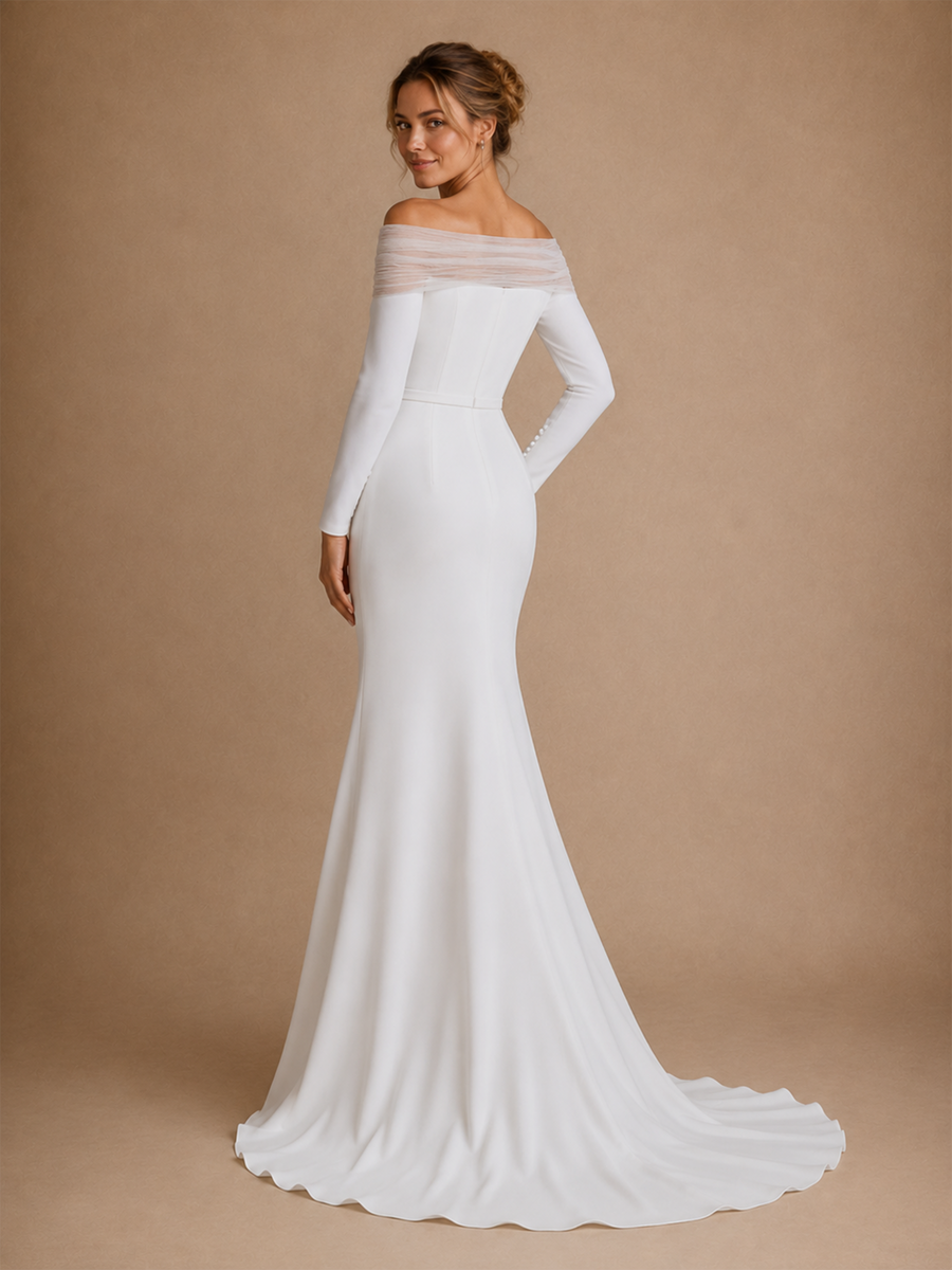 ChicSew Elegant Fancy Crepe Tulle Long Sleeves Mermaid Floor-Length Wedding Dress