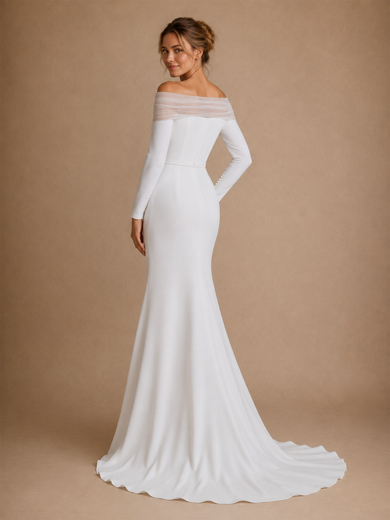 ChicSew Elegant Fancy Crepe Tulle Long Sleeves Mermaid Floor-Length Wedding Dress