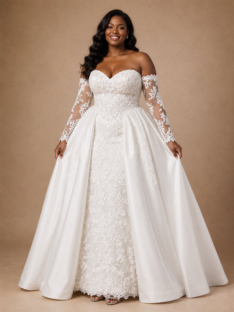 ChicSew Elegant Sweetheart Lace Applique Mermaid Floor-Length Wedding Dress With Satin Overskirt