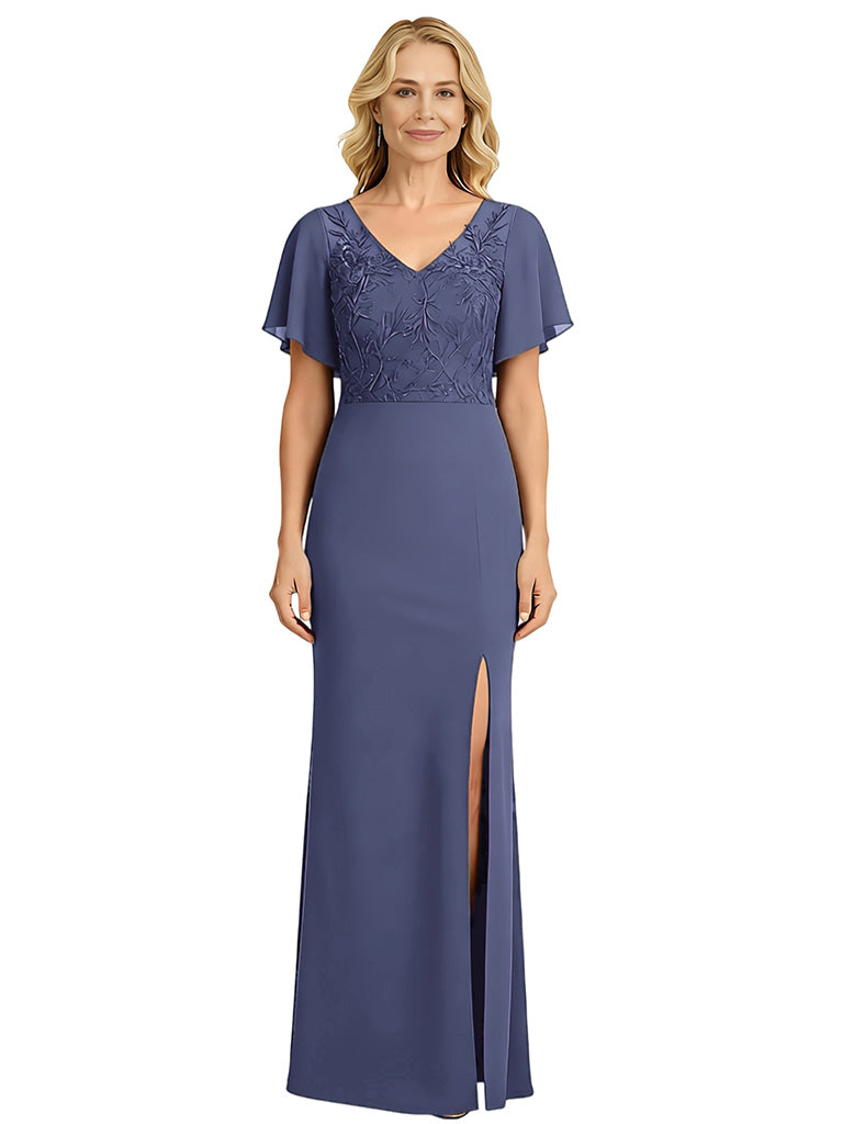 Elegant V-neck Bell Sleeves Mermaid Chiffon Side Slit Mother of the Brides Dresses