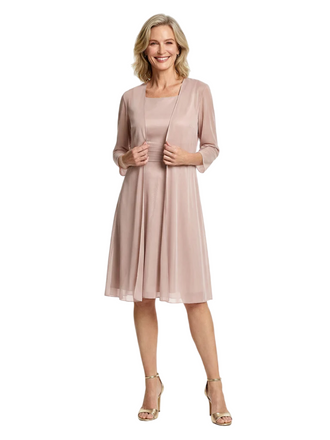 Elegant Square Neckline Midi Cocktail Mother of the Groom Dress and Jacket