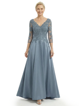Timeless V-Neck Lace Satin Mother of the Groom Gown With Sleeve