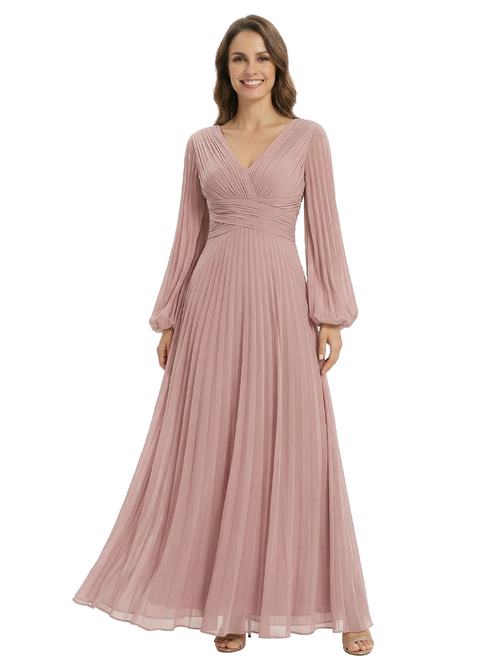 Elegant Pleated Mother of the Bride Gown V-Neck Bishop Sleeve Flowy Chiffon Maxi Dress